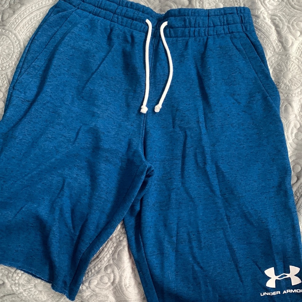 Under Armour, mens sweatpant material shorts.Blue